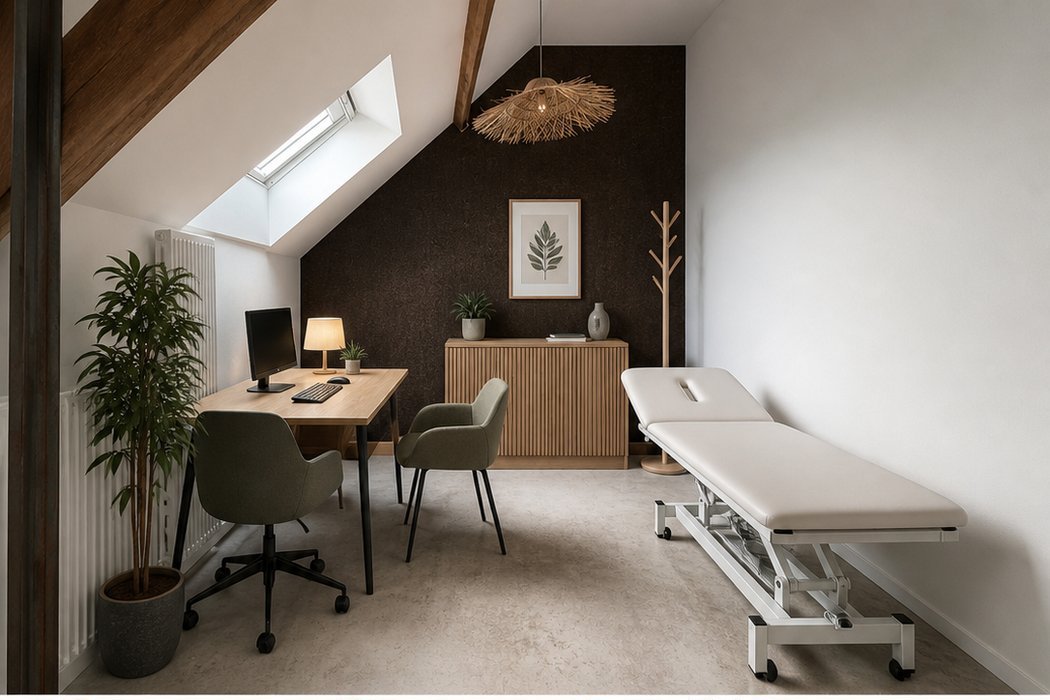 Cabinet 20 m² avec table de massage, bureau et chaises sauge