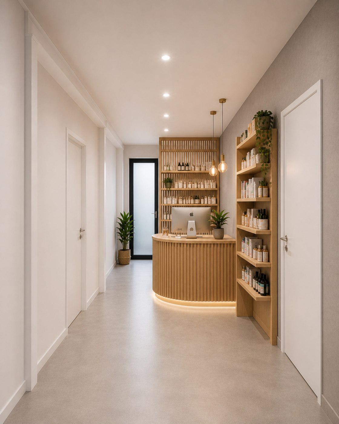 L'entrée avec comptoir d'accueil en bois cannelé et étagères de produits