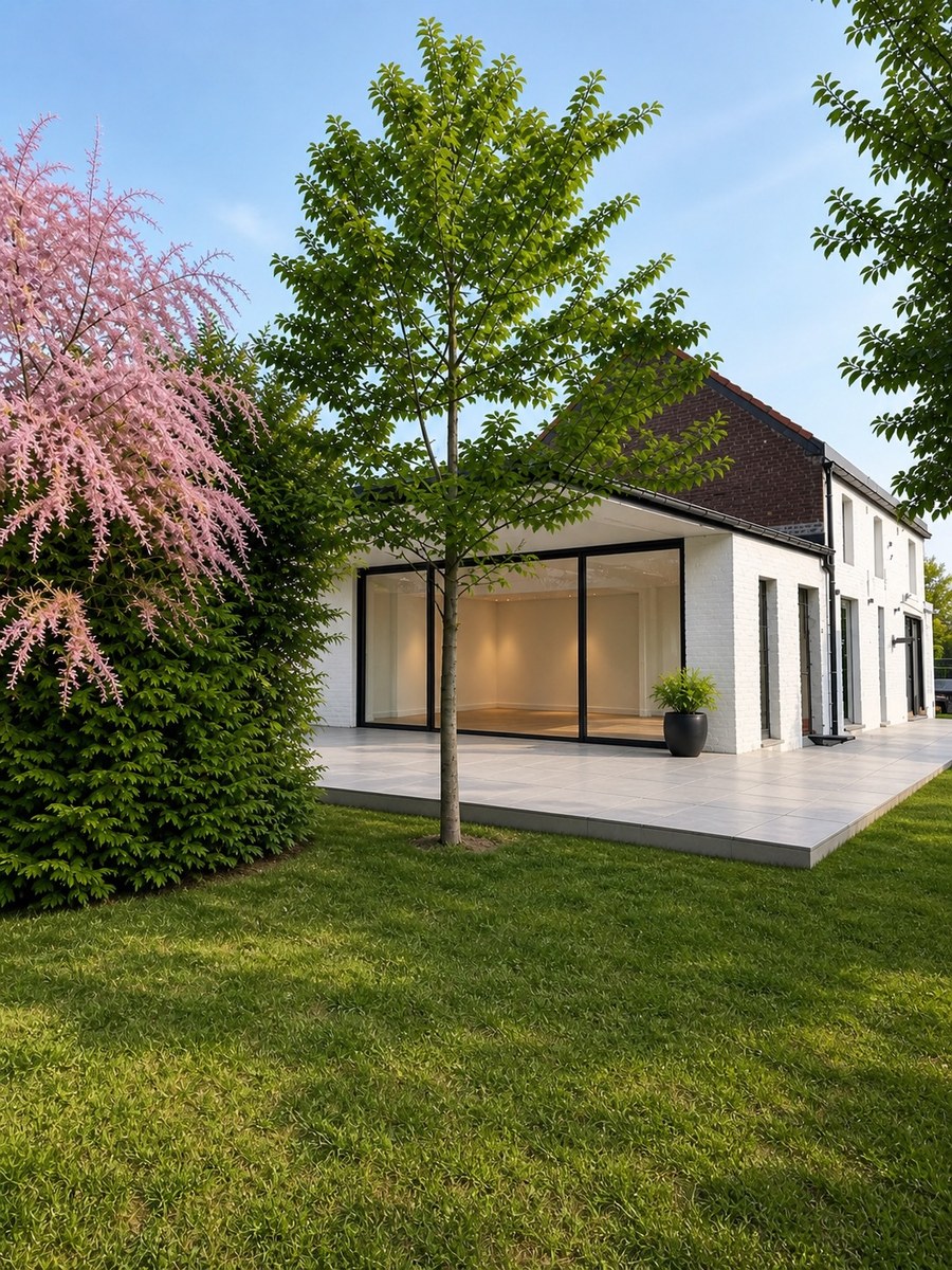 Vue du jardin avec terrasse, tamaris en fleur et baie vitrée